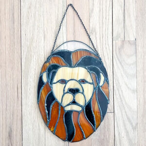 10in Lion Leo Stained Glass Artwork Mosaic Suncatcher Wall Hanging Brown Yellow